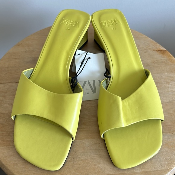 Zara KITTEN BLOCK HEELED MULES LEATHER SANDALS SLIP ON SLIPPERS GREEN 7.5 38 - Picture 14 of 17